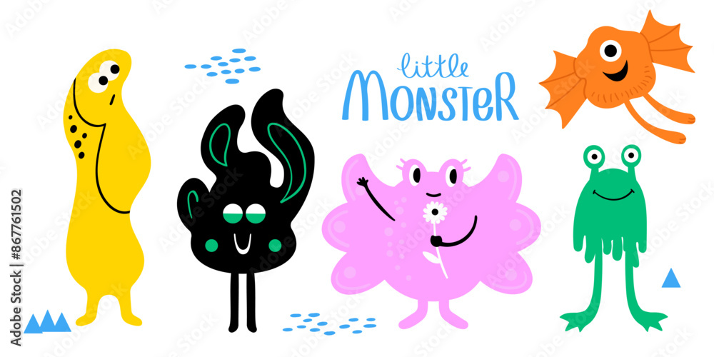 Fototapeta premium Fantastic little monsters. funny abstract creatures with different emotions.Colorful hand drawn vector illustration isolated on white background