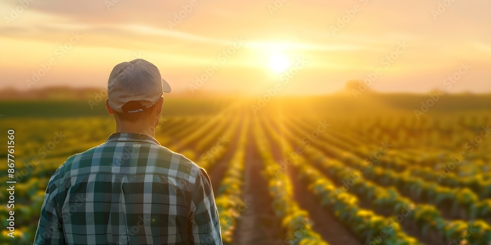 A man agronomist looking over his fields at sunset dedicated to growth. Concept Agricultural Inspiration, Sunset Views, Field Work, Growth and Development A man agronomist looking over his fields at sunset dedicated to growth. Concept Agricultural Inspiration, Sunset Views, Field Work, Growth and Development
