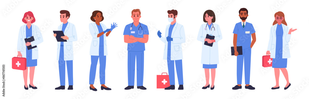 Medical clinic workers. Doctors and nurses, therapist, surgeon and anesthesiologist, paramedic and nurse, hospital professional staff flat vector illustration set. Medicine, healthcare characters Medical clinic workers. Doctors and nurses, therapist, surgeon and anesthesiologist, paramedic and nurse, hospital professional staff flat vector illustration set. Medicine, healthcare characters