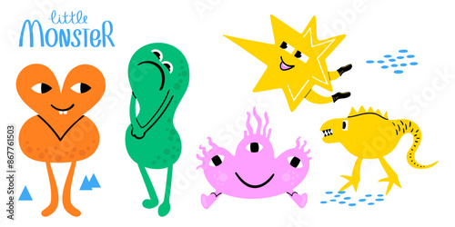 Set Fantastic little monsters. funny abstract creatures with different emotions.Colorful hand drawn vector illustration isolated on white background