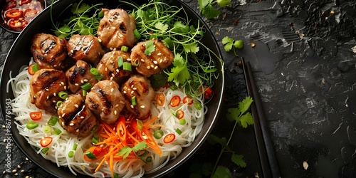 Vietnamese dish Bun Cha grilled pork vermicelli noodles herbs fish sauce. Concept Vietnamese cuisine, Bun Cha, Grilled pork, Vermicelli noodles, Herbs, Fish sauce