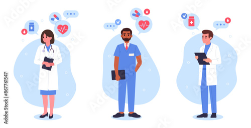 Medical hospital staff. Doctors characters, professional therapist, surgeon or neurologist, doctors wearing uniform flat vector illustration set. Hospital healthcare workers