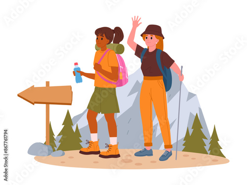 Women on hike. Female characters outdoor adventure, hiking active tourist girls, trekking and backpacking flat vector illustration. Ladies hiking on trail
