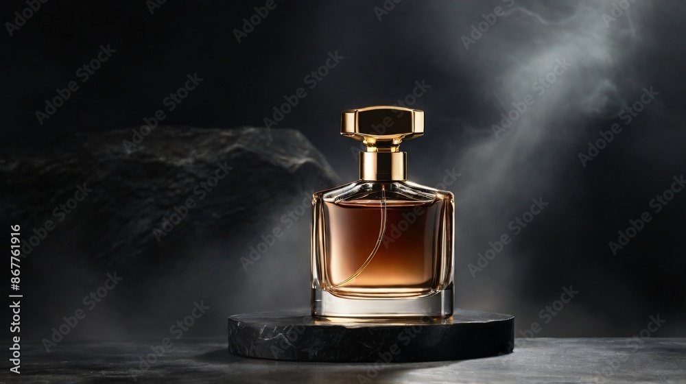 bottle parfume package on stone podium with dark and foggy background bottle parfume package on stone podium with dark and foggy background