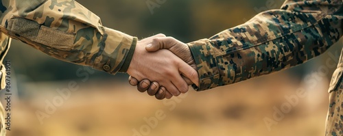 Two soldiers wearing camouflage uniforms shake hands in an outdoor environment, symbolizing cooperation and mutual respect in the context of military service and teamwork. © gearstd