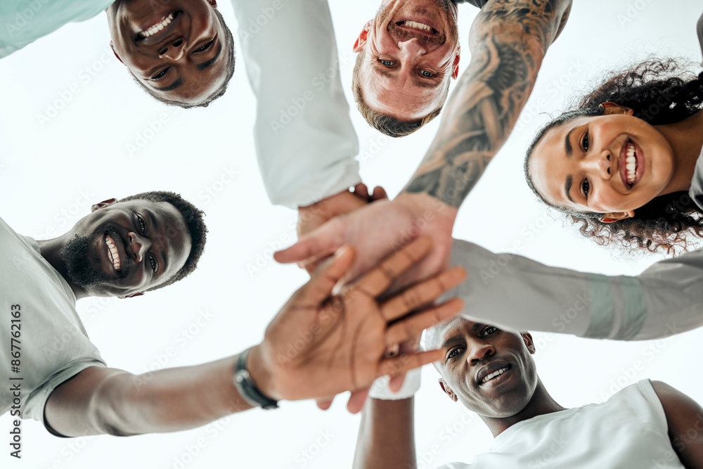 Sky, hands stack and portrait with fitness for teamwork, support or running motivation in nature. Low angle, diversity and group of people with huddle for synergy, community or race in morning Sky, hands stack and portrait with fitness for teamwork, support or running motivation in nature. Low angle, diversity and group of people with huddle for synergy, community or race in morning