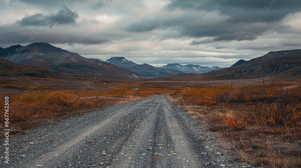 Gravel path cutting through the remote wilderness with mountains in the distance Gravel path cutting through the remote wilderness with mountains in the distance