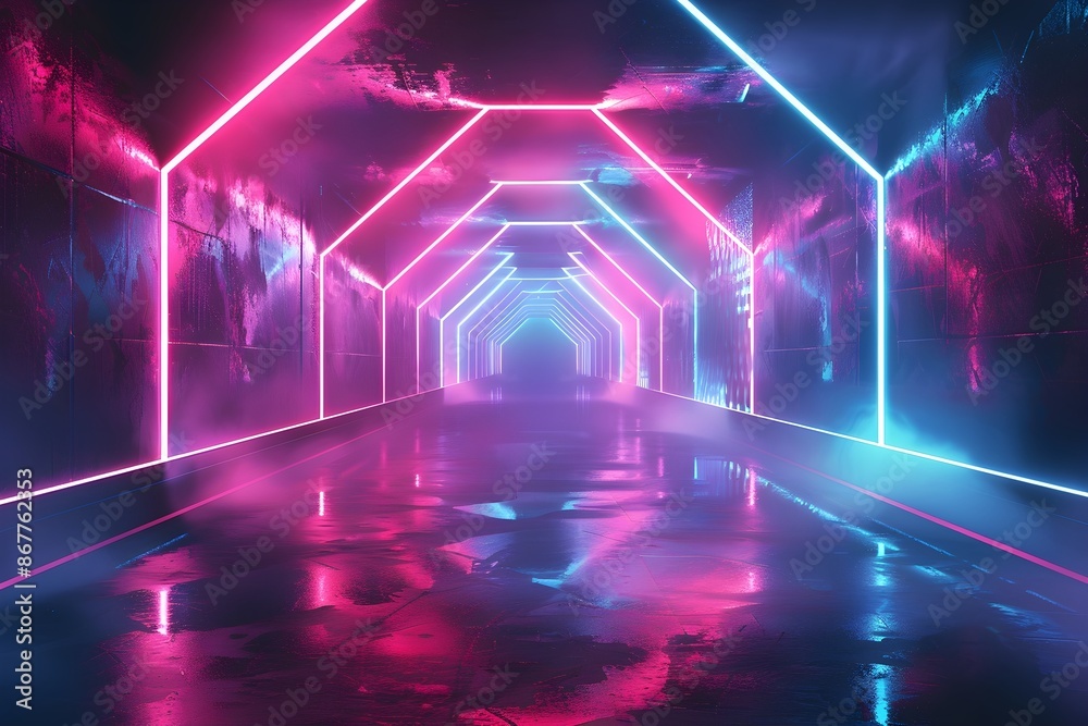 Fototapeta premium Neon Dreams A dark background with neon colored lines and shapes, creating a futuristic, psychedelic vibe The 3D effect could be achieved through glowing lines and shadows