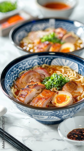 Close-up of ramen soup with pork, boiled egg, and green onions in a blue ceramic bowl. Asian cuisine