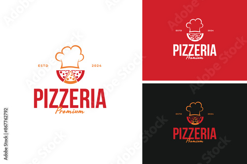 Chef hat with a pizza slice logo design. ideal for a pizzeria or an Italian restaurant. vector illustration template idea