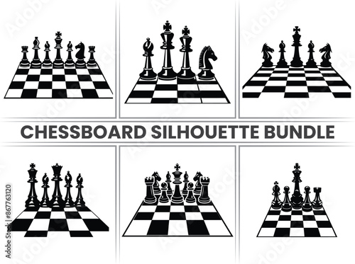 Chess pieces on a Chessboard silhouette Checkers vector in black and on a white background.
