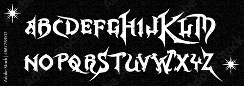 Gothic font. Medieval dark tattoo y2k alphabet, letter typography print, dark vintage scary typeface. Rock poster sign, metal music handwriting graffiti, magic calligraphy. Vector calligraphy 