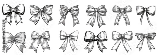 Elegant bow ribbons with vintage stipple effect, y2k coquette collage design. Vector Set for Stylish and Decorative Design Projects