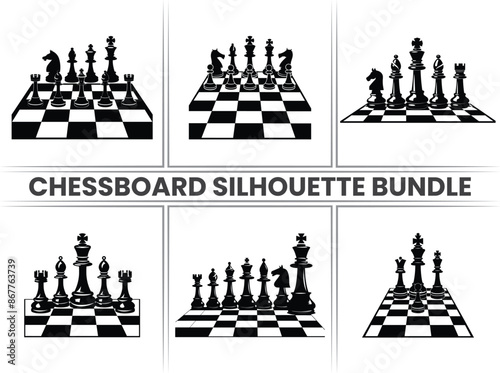 Chess pieces on a Chessboard silhouette Checkers vector in black and on a white background.
