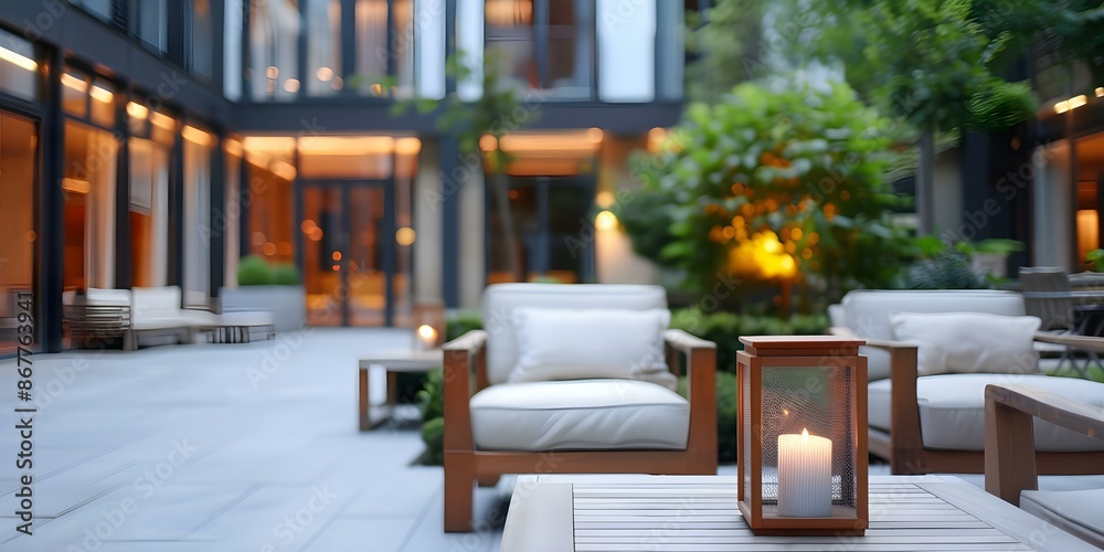 Fototapeta premium Elegant hotel courtyard at dusk with soft lighting and comfortable seating. Concept Hotel Courtyard, Dusk, Soft Lighting, Comfortable Seating, Elegant Setting