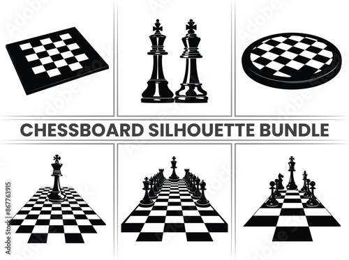 Chess pieces on a Chessboard silhouette Checkers vector in black and on a white background.
