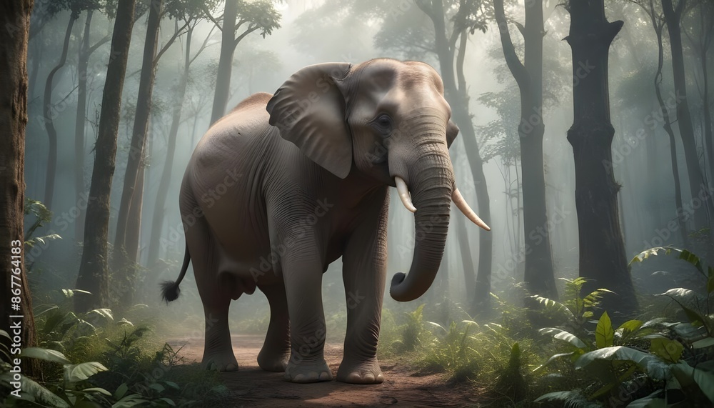 Fototapeta premium World Elephant day with a elephant is standing behind forest and mountains