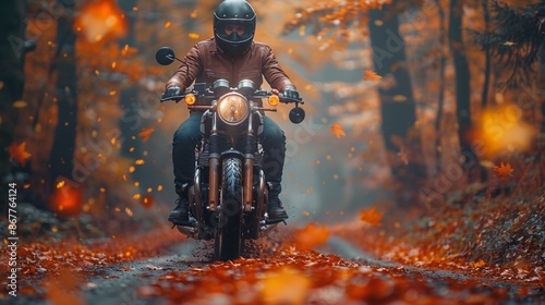Motorcyclist Riding Through Autumn Forest - Generative AI © studio clever