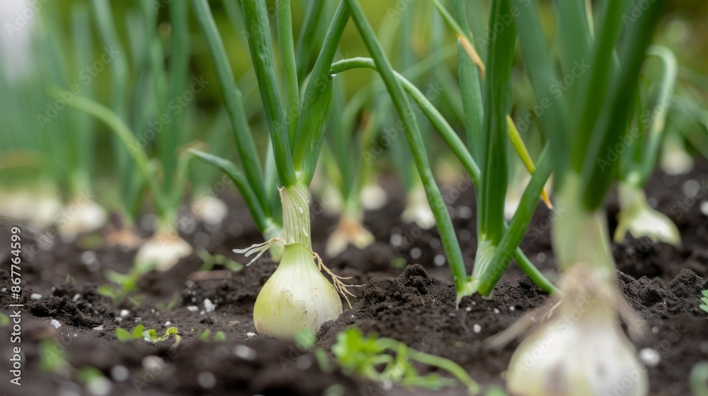 A close-up shot of vibrant green onion stalks growing in rich dark soil, showcasing the plump bulbs and healthy foliage A close-up shot of vibrant green onion stalks growing in rich dark soil, showcasing the plump bulbs and healthy foliage