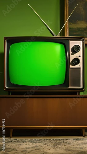 Retro Tv set With Green screen and vintage living room Background and Static Effect