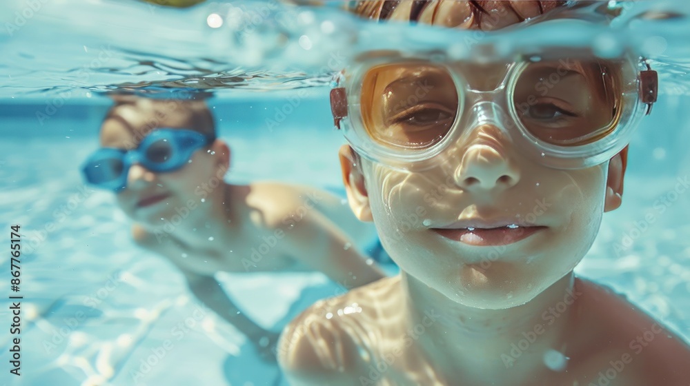 Naklejka premium Close up view of children swimming in swimming pool with swimming goggles concept, summer background. Ai generated image