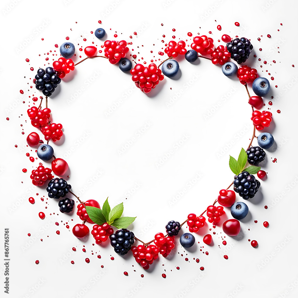Obraz premium Herz Rahmen herzförmig aus Beeren Früchten Obst Himbeere Brombeer Heidelbeere Sommer kraftvolle Farbe Dekoration Hintergründe Vorlagen sommerlich leichte Gefühle fruchtig frisch freier Raum