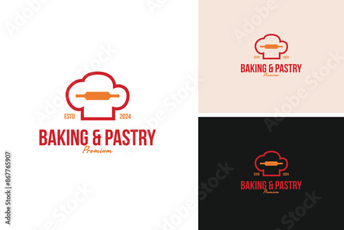 A logo design chef hat with a rolling pin. Symbolizing baking and pastry arts. Vector illustration template idea