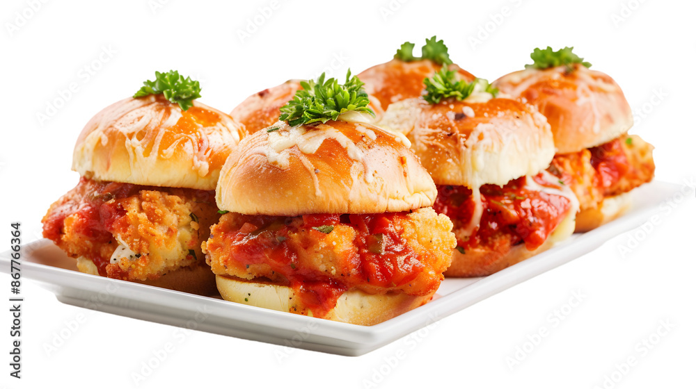 Chicken Parmesan sliders with crispy chicken cutlets, marinara sauce, and melted mozzarella cheese in soft dinner rolls, on a transparent background Chicken Parmesan sliders with crispy chicken cutlets, marinara sauce, and melted mozzarella cheese in soft dinner rolls, on a transparent background
