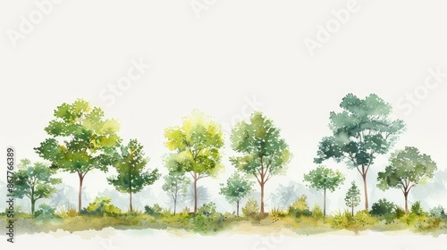 Watercolor illustration of a serene forest landscape with various trees and foliage against a white background.