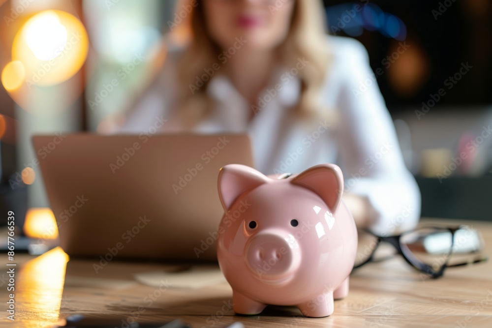 A pink piggy bank sits on a wooden table in front of a blurred woman using a laptop A pink piggy bank sits on a wooden table in front of a blurred woman using a laptop
