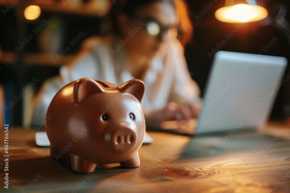 A piggy bank sits on a wooden desk with a person working on a laptop in the background A piggy bank sits on a wooden desk with a person working on a laptop in the background