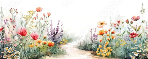 A beautiful watercolor painting of a serene garden path lined with colorful wildflowers in soft pastel hues, creating a tranquil and picturesque scene. photo