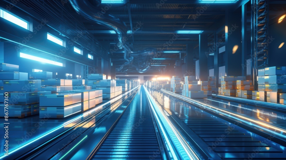 Futuristic warehouse conveyor with glowing lights and stacked boxes, illustrating advanced technology in logistics and automation. Futuristic warehouse conveyor with glowing lights and stacked boxes, illustrating advanced technology in logistics and automation.