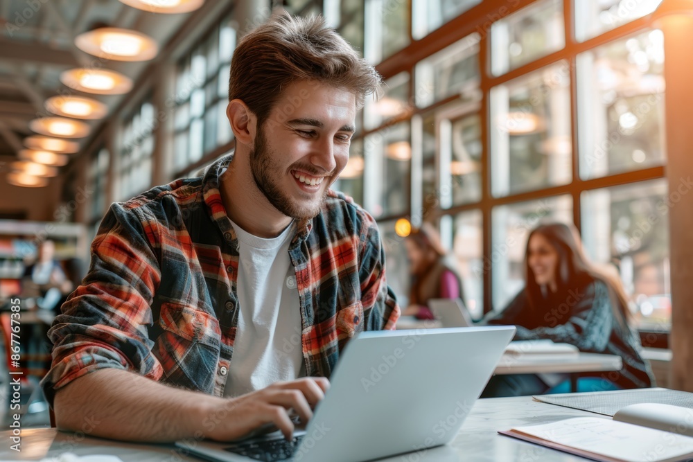 Fototapeta premium A young man in a plaid shirt smiles while using a laptop in a coffee shop