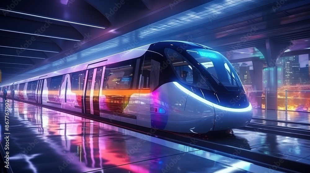 Futuristic neon-lit subway train in a modern station with reflections and vibrant lights, showcasing advanced urban transportation and technology.