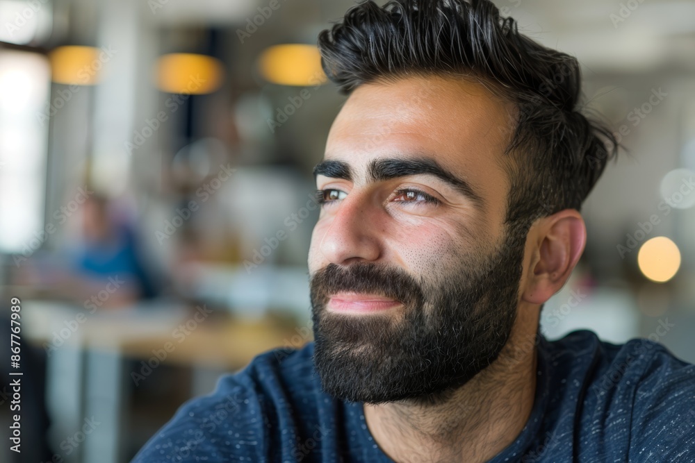 Obraz premium A close-up portrait of a man with a beard, looking up and smiling, in a modern office setting