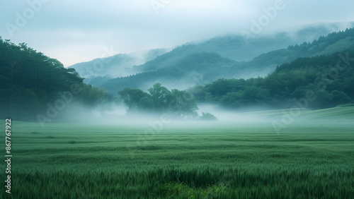 A foggy morning in the countryside with green rice paddies © Dada635