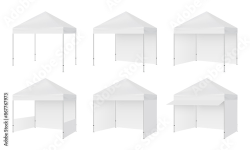 Set Of Pop Up Canopy Commercial Square Tents, Isolated On White Background, Side View. Vector Illustration photo