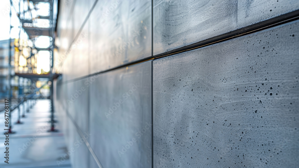 Obraz premium Close-up of a concrete wall with scaffolding on the left side.
