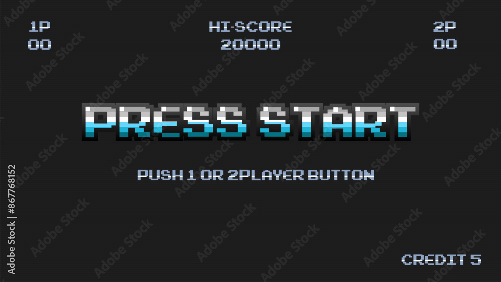 Fototapeta premium PRESS START INSERT A COIN TO CONTINUE .pixel art .8 bit game.retro game. for game assets in vector illustrations.Retro Futurism Sci-Fi Background. glowing neon grid.and stars from vintage arcade comp
