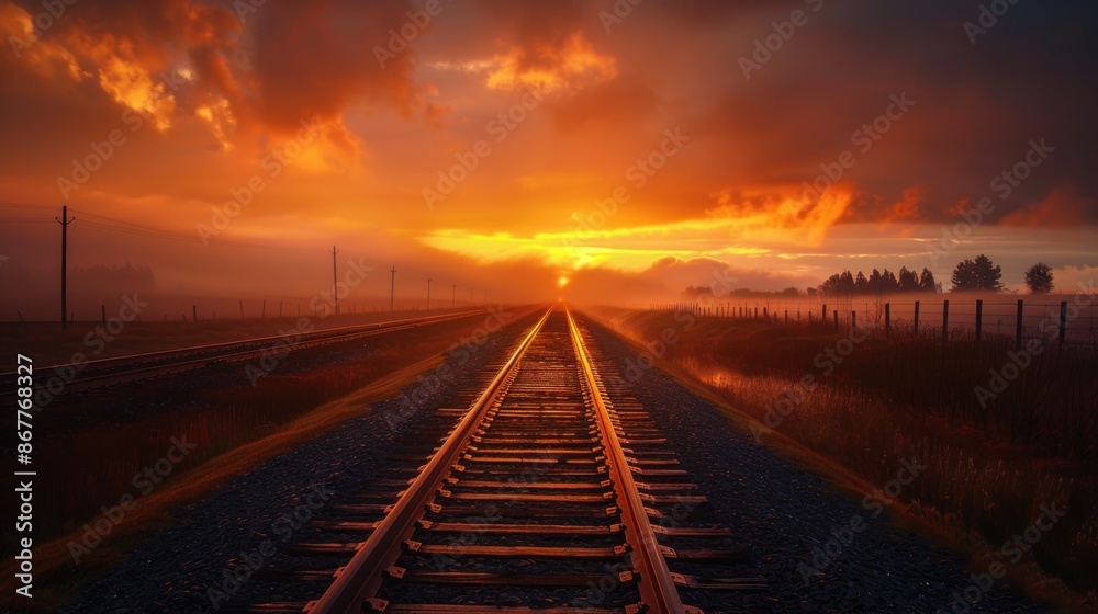 Illustration of the sun setting in the clouds above the railroad tracks. Ai generated image Illustration of the sun setting in the clouds above the railroad tracks. Ai generated image