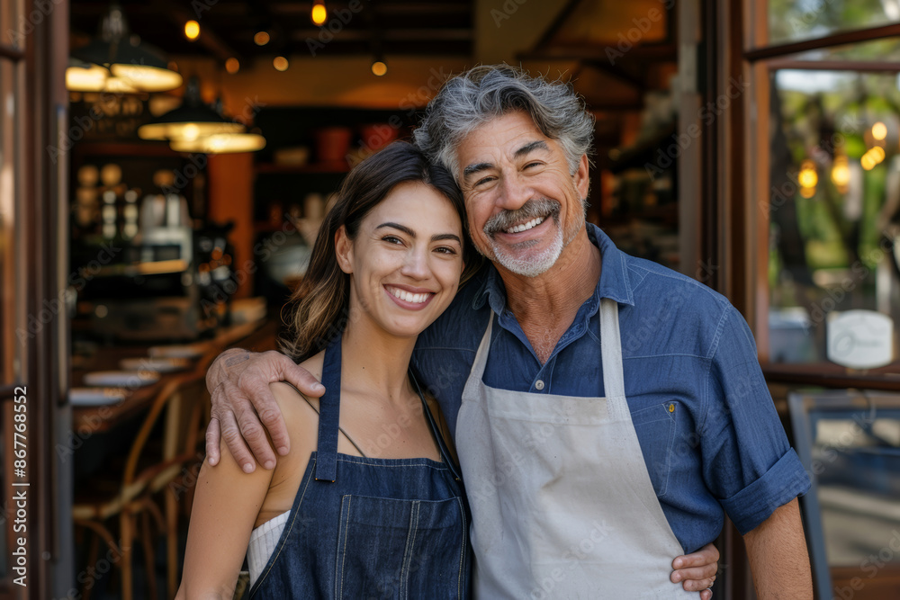 Fototapeta premium A man and woman, presumably owners of a restaurant, stand smiling outside their establishment during the daytime