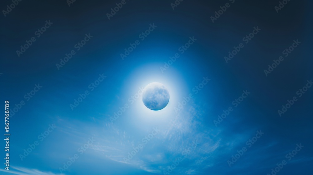 A striking image of the full moon against a deep blue sky with a lunar halo A striking image of the full moon against a deep blue sky with a lunar halo