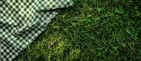 Top view of a picnic tablecloth laid on grass with room for text.