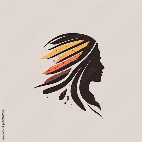 Silhouette of Native American woman with feathers in hair, profile view