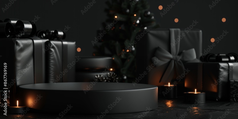 Christmas and New year background and black gift box. Black gift boxes with bows on a round black platform, dark background with soft lighting. Christmas and New year background and black gift box. Black gift boxes with bows on a round black platform, dark background with soft lighting.