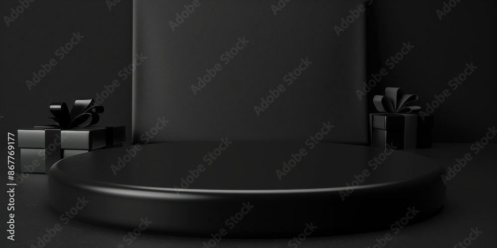 Round black platform with black gift boxes and bows on a dark background, minimalistic design. Round black platform with black gift boxes and bows on a dark background, minimalistic design.