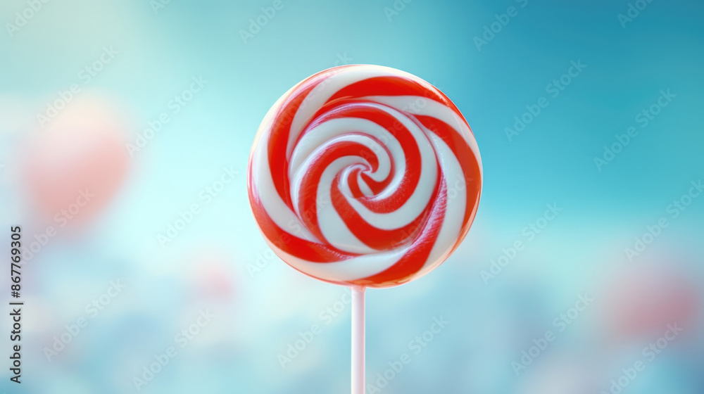Red and white swirled lollipop, light bokeh Christmas holiday background Red and white swirled lollipop, light bokeh Christmas holiday background