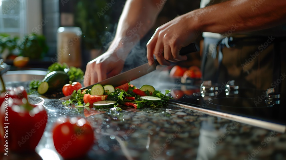 a chef cooking salad in a modern kitchen. a chef cooking salad in a modern kitchen.