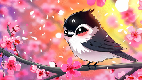 An adorable bird perched on a branch in a colorful spring morning with vibrant blossoms, anime style.